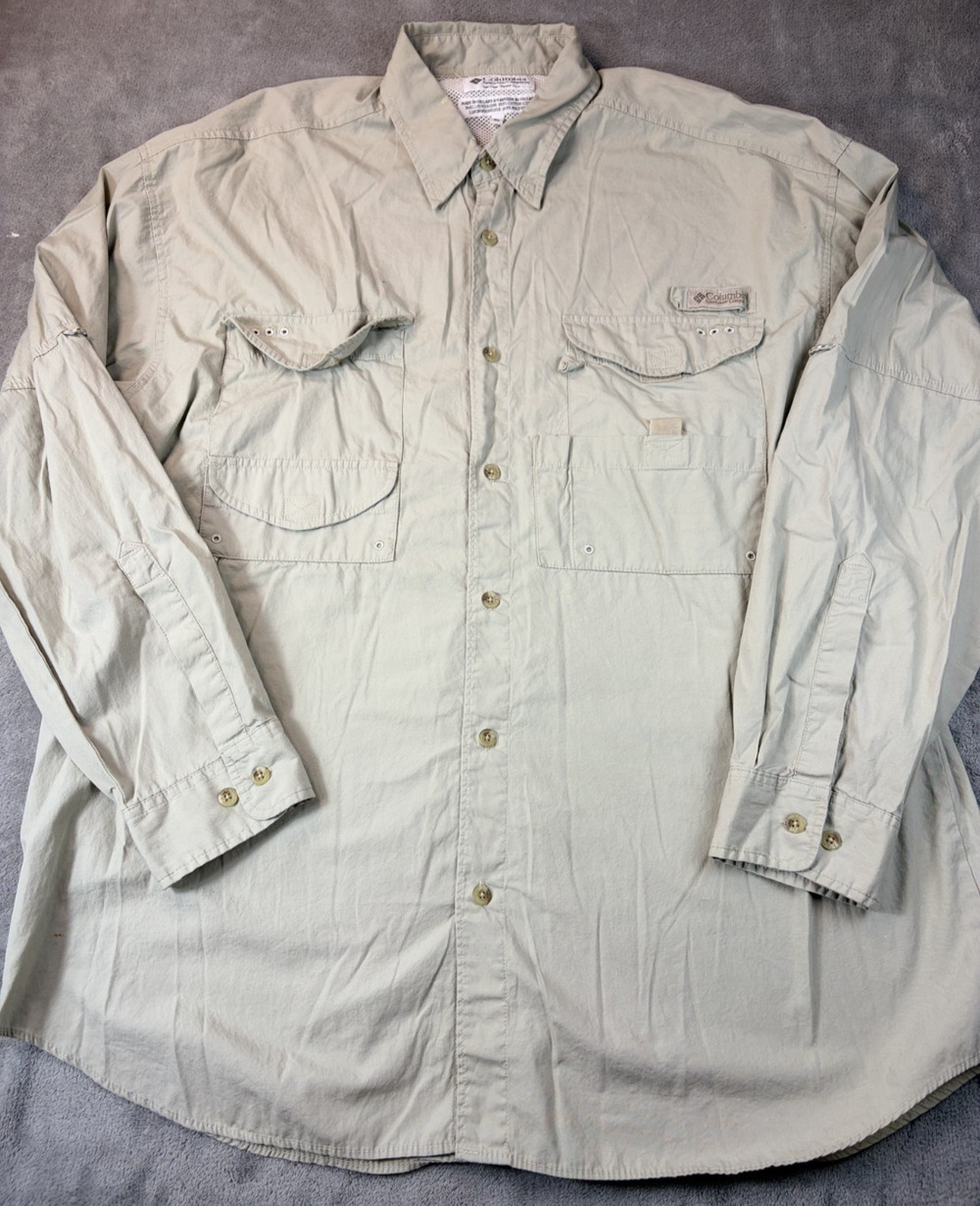 Vintage Columbia PFG Men’s XL Khaki Beige Fishing Shirt Long Sleeve Button Down